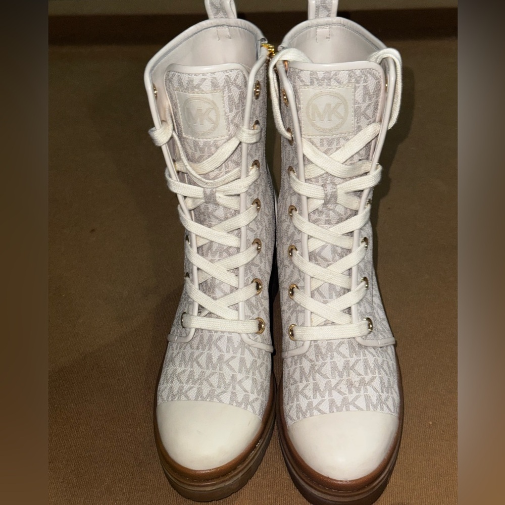 Michael Kors Monogram High-Top Sneakers in White and Tan